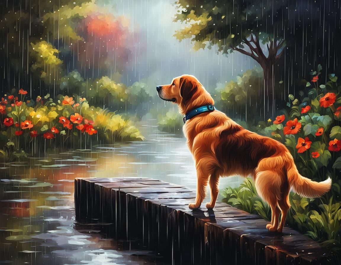 Dog Waiting in Rain: Cosmic Digital Art