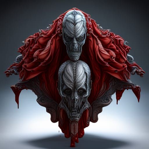 Macabre Skull Altar Scene with Cloaked Figures