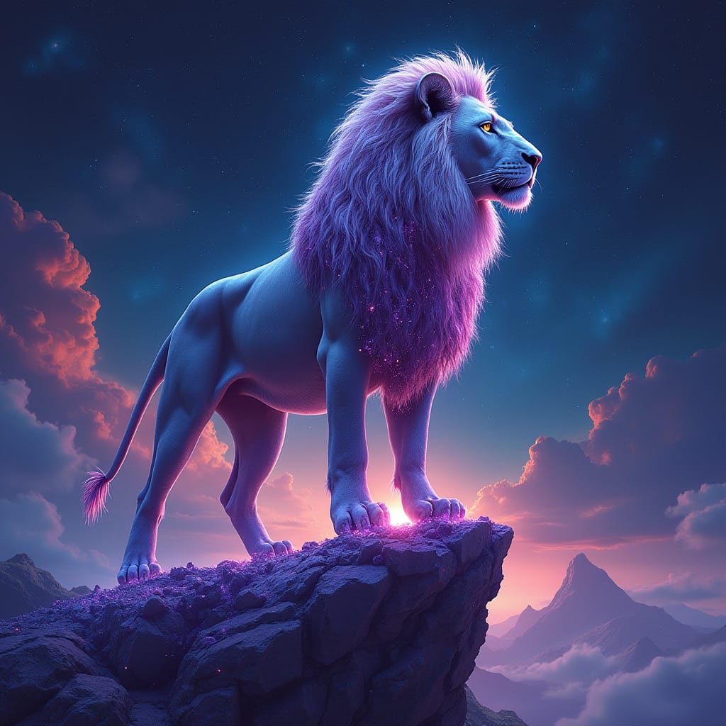 Cosmic Lion on Amethyst Mountain in Art Nouveau