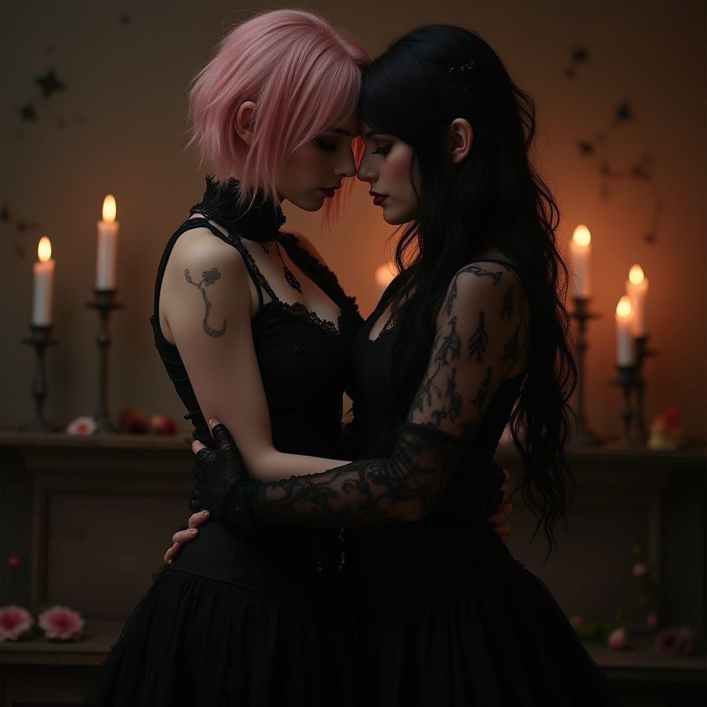 Goth Women Embrace in Candlelight, Fantasy Art