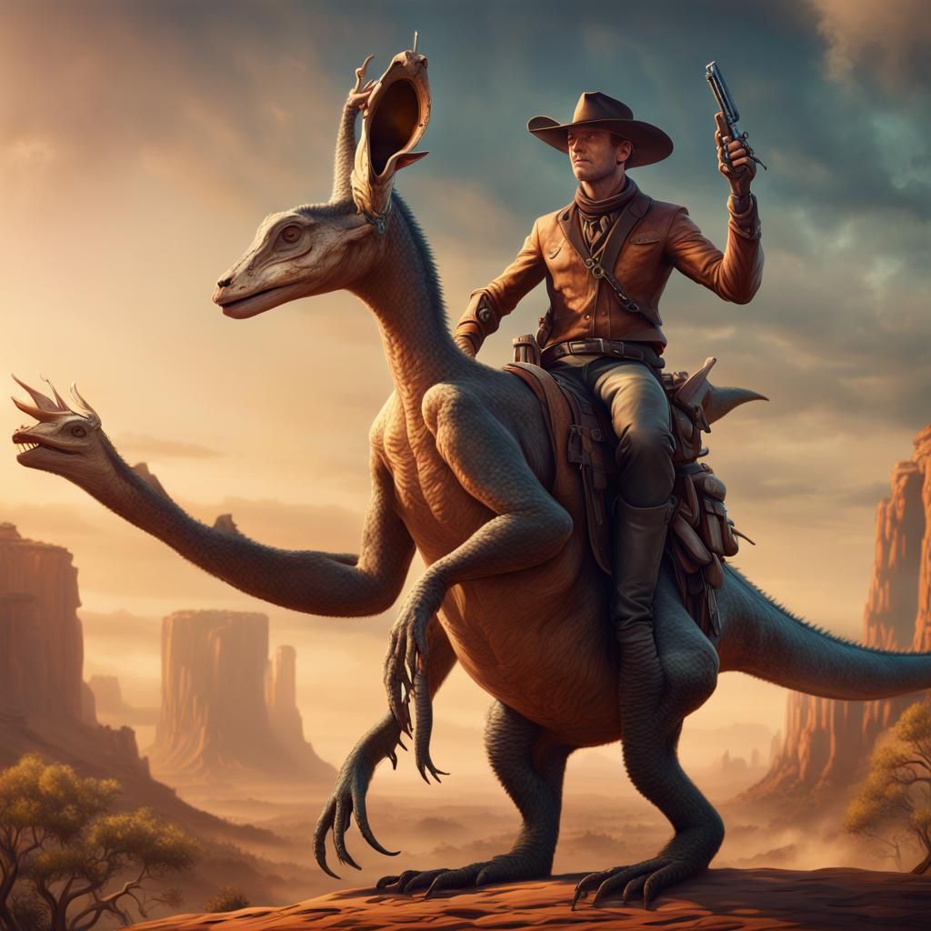 Cowboy Lizard Man on Giant Kangaroo: Fantasy Art