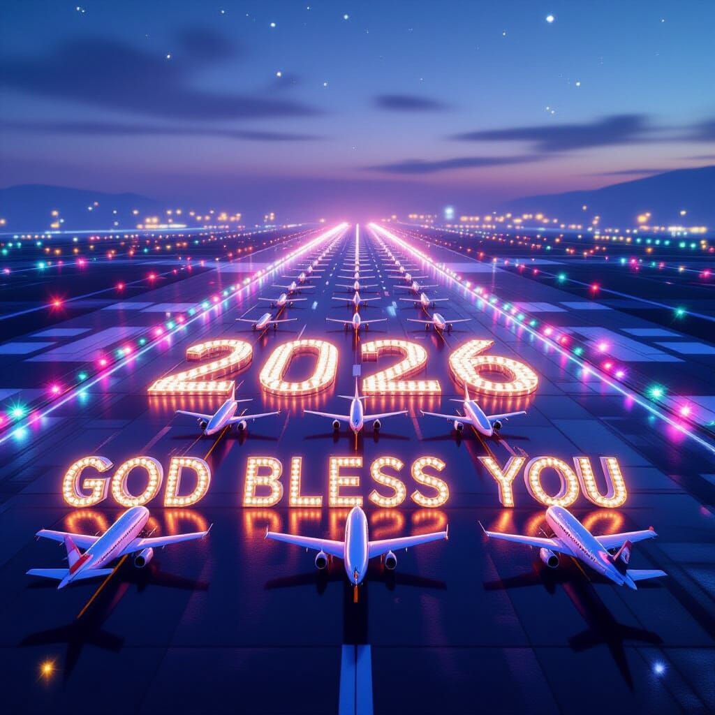 Futuristic Airport Runway Lit by Christmas Lights with '2026...