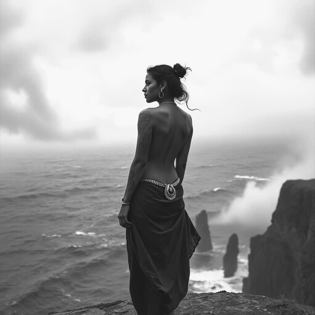Mysterious Woman on Windswept Cliff Overlooking Stormy Sea