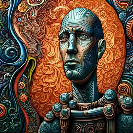 Cyborg Bartender in Psychedelic Bas-Relief Style