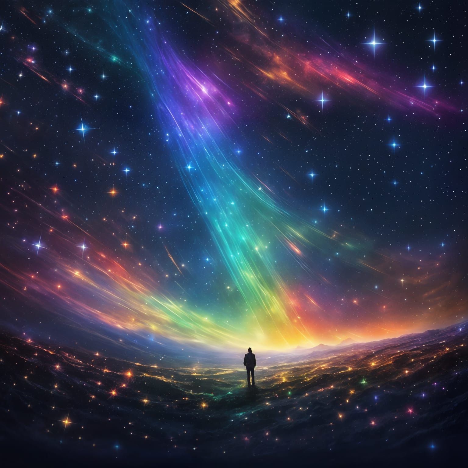 Rainbow Nebula and Shooting Stars in Space