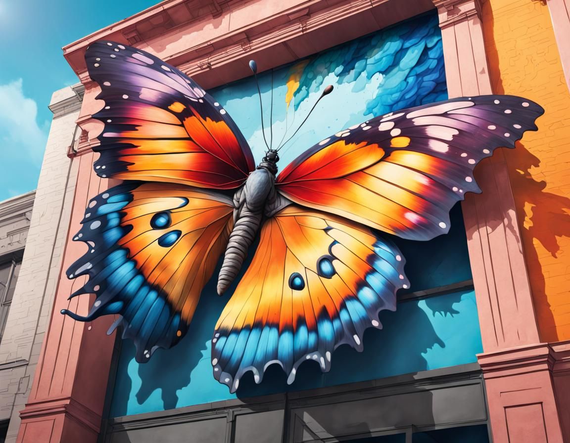 Giant Fluffy Butterfly on Building: Hyperrealistic Concept A...