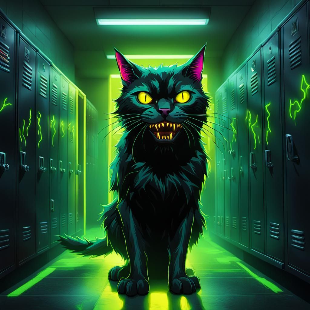 Surreal Black Cat Transforms into Monster in School