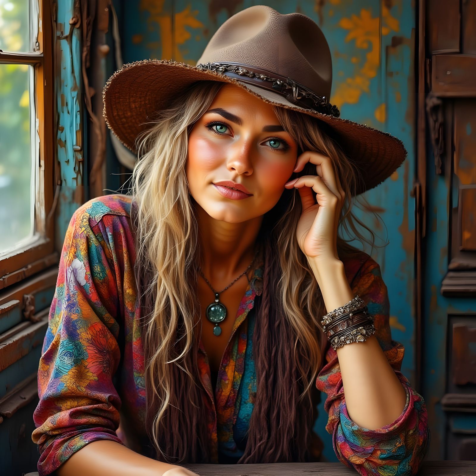 Boho Portrait of a Wise Cheerful Woman