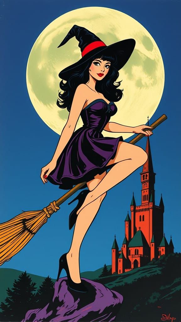 Pop Art Pinup Witch Under the Bright Moon