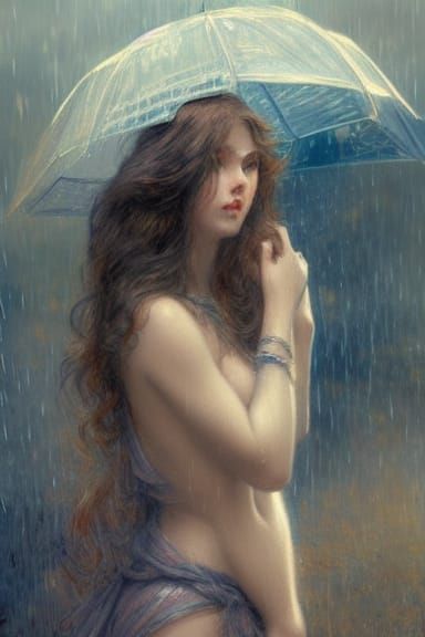 Enchanting Portrait of Woman Undressing in Rain