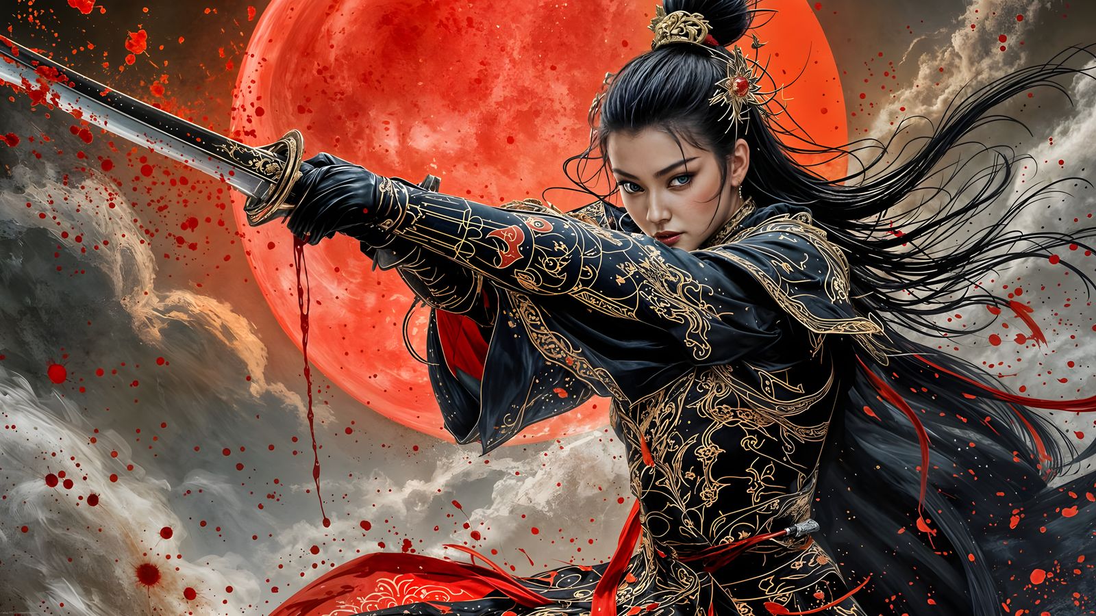 Armored Chinese Swordswoman in Splattered Ink Style