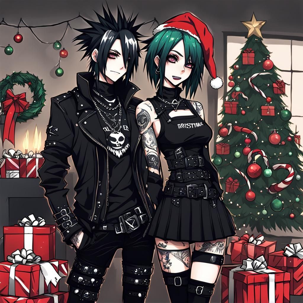Anime Goth Couple Celebrate Christmas