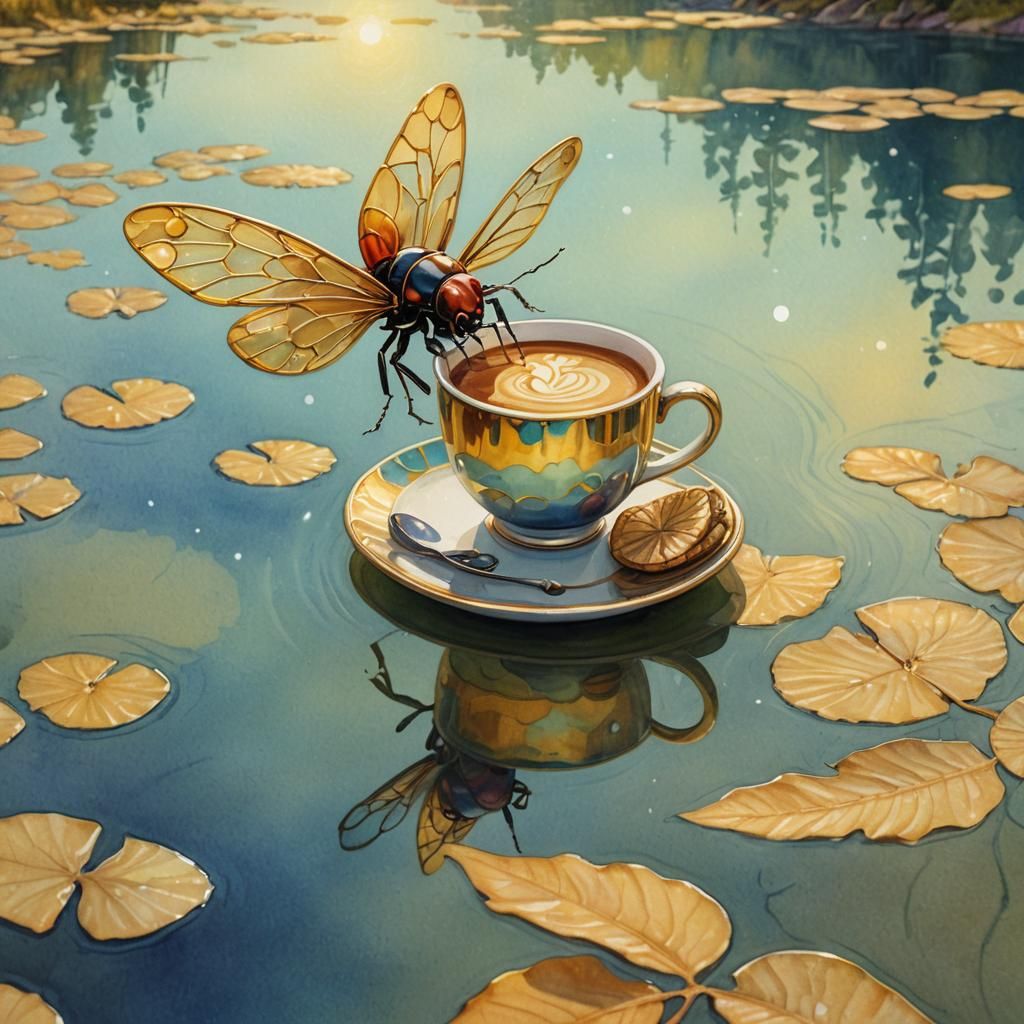 Cute Bug's Lakeside Coffee Break: Fauvist Watercolor