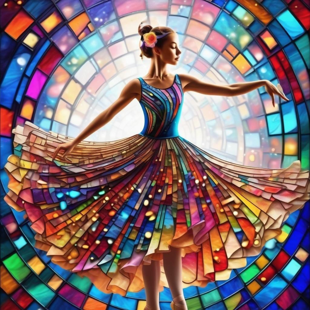 Ballerina in Stained Glass Style Dress of Musical Notes