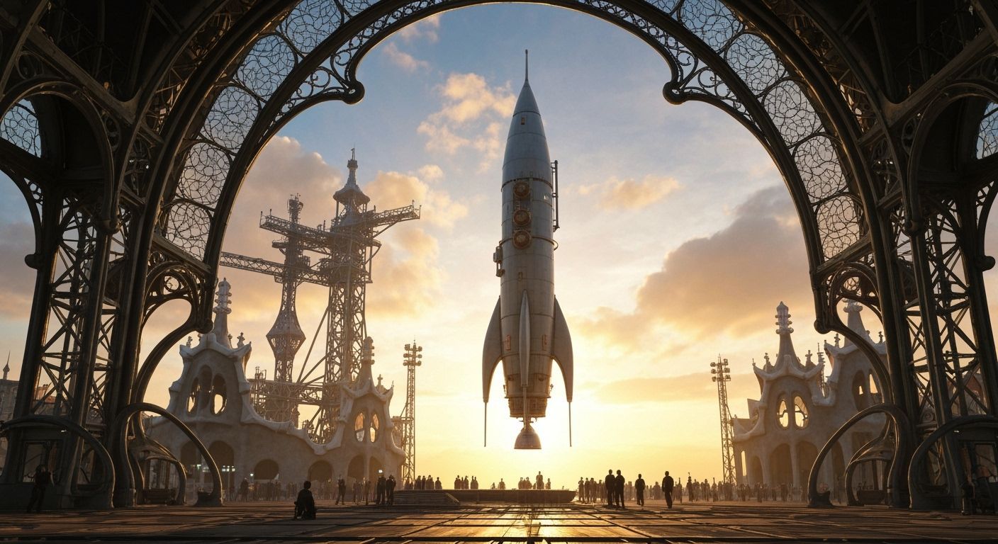 Steampunk Rocket Launch at Sunrise: Art Nouveau Style