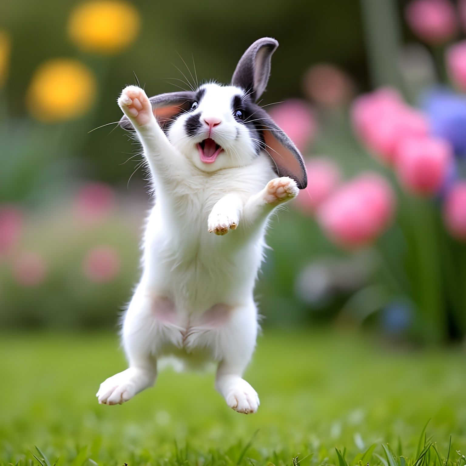 Joyful Mini Lop Rabbit Binkying in Spring Garden