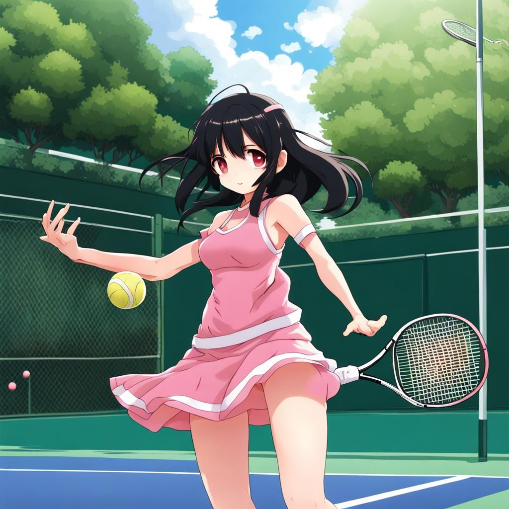 Anime Girl Playing Tennis in Pink Dress