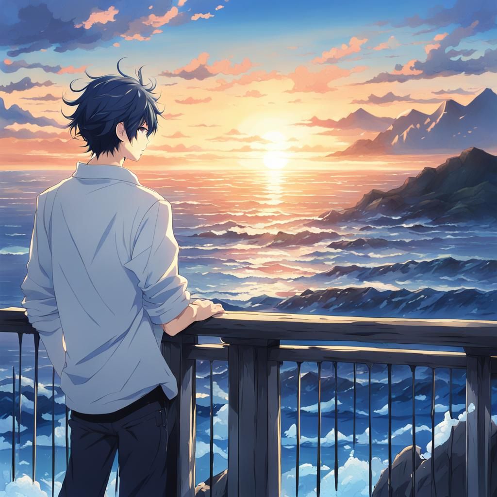 Anime Style Sunset Portrait of a Man with Blue Eyes