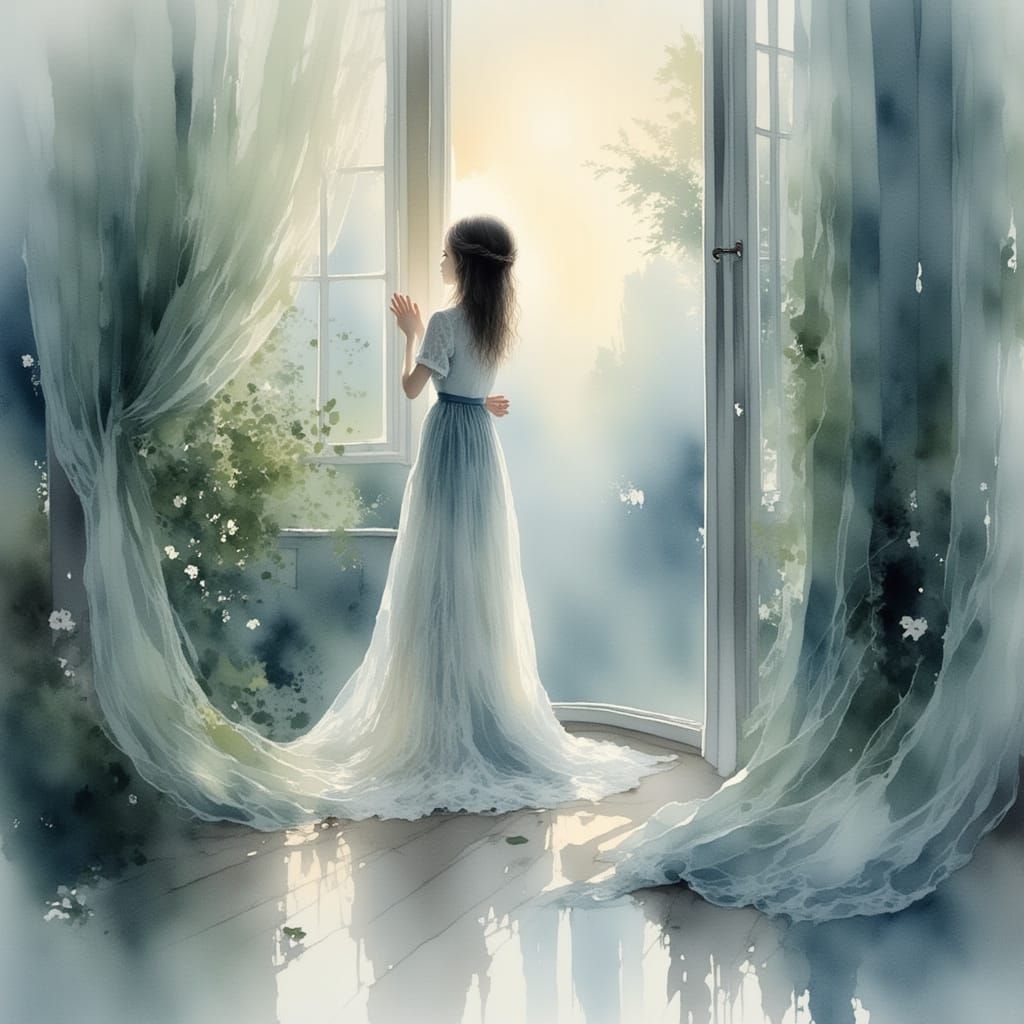 Woman Praying in Rainy Landscape as Romantic Watercolor