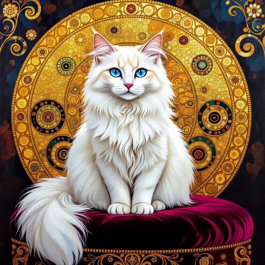 Regal White Cat on Velvet Cushion in Klimt Style