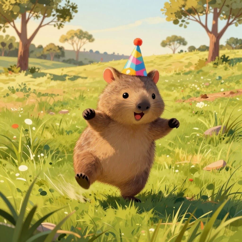 Joyful Wombat Dancing in Golden Hour Light