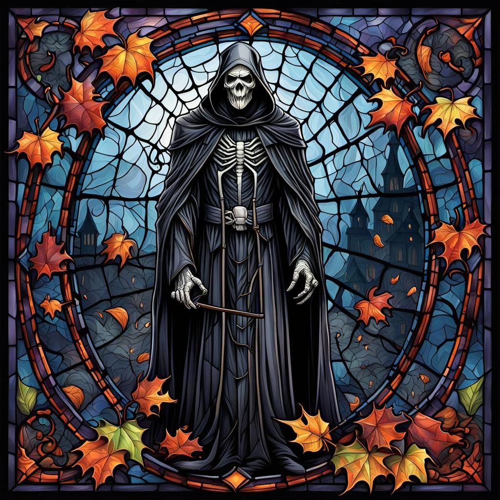 Stained glass window design of Grimm Reaper, Mid - body, spo...
