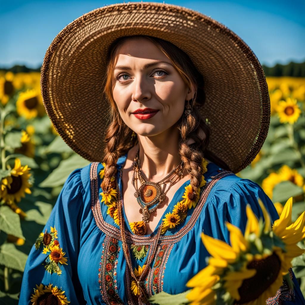 Ukrainian Woman in Sunflower Field Under Blue Sky