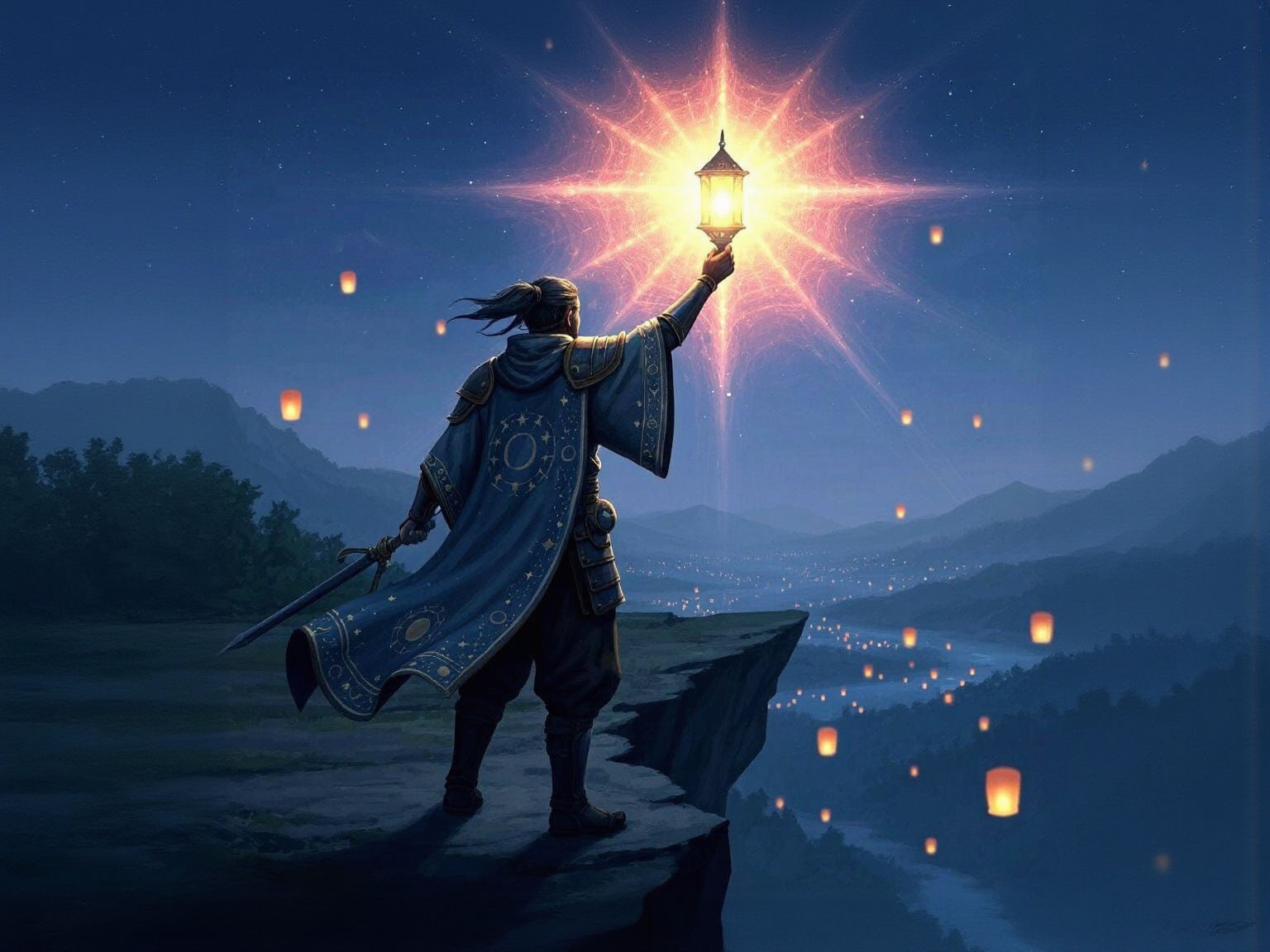 Mystical Warrior with Magical Lantern on Precipice