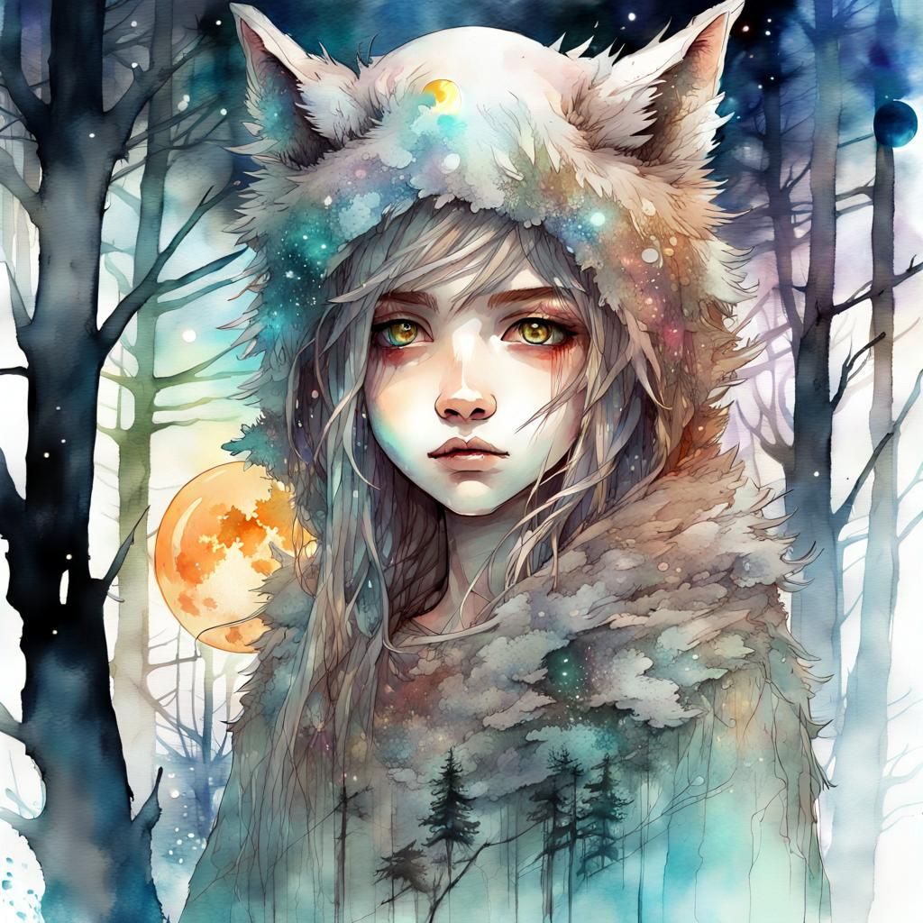 Chibi Wolf Girl in Watercolor Forest