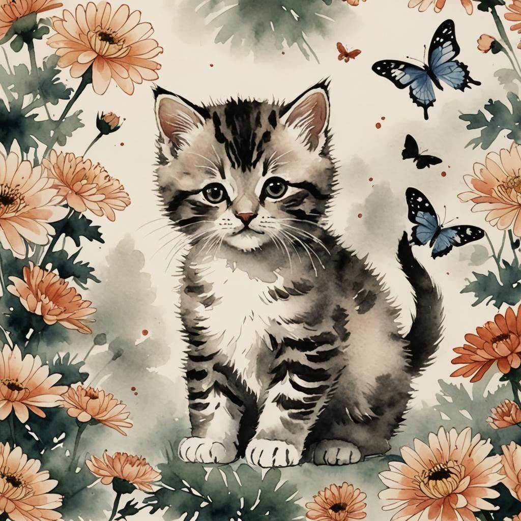 Kitten with Chrysanthemums: Sumi-e Japanese Watercolour