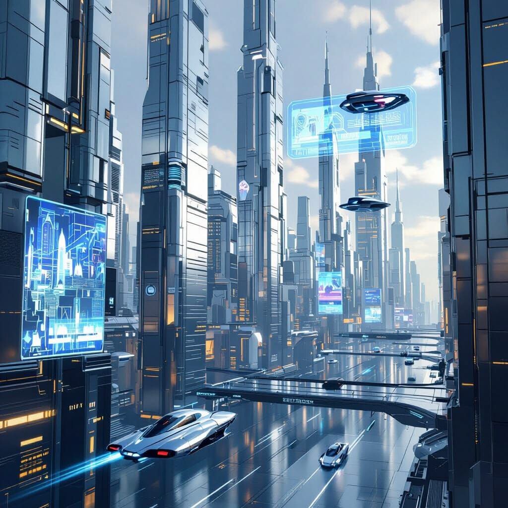 Futuristic Silver Metropolis with Flying Vehicles