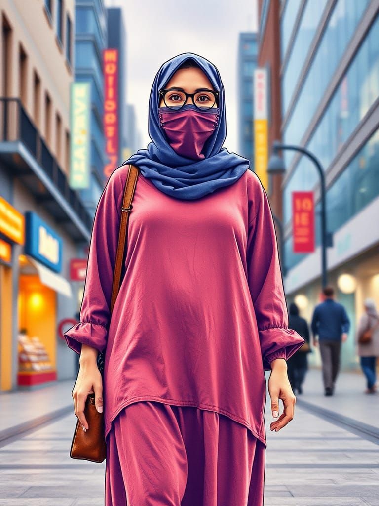 European Woman in Niqab Strolling Through City, Pop Art