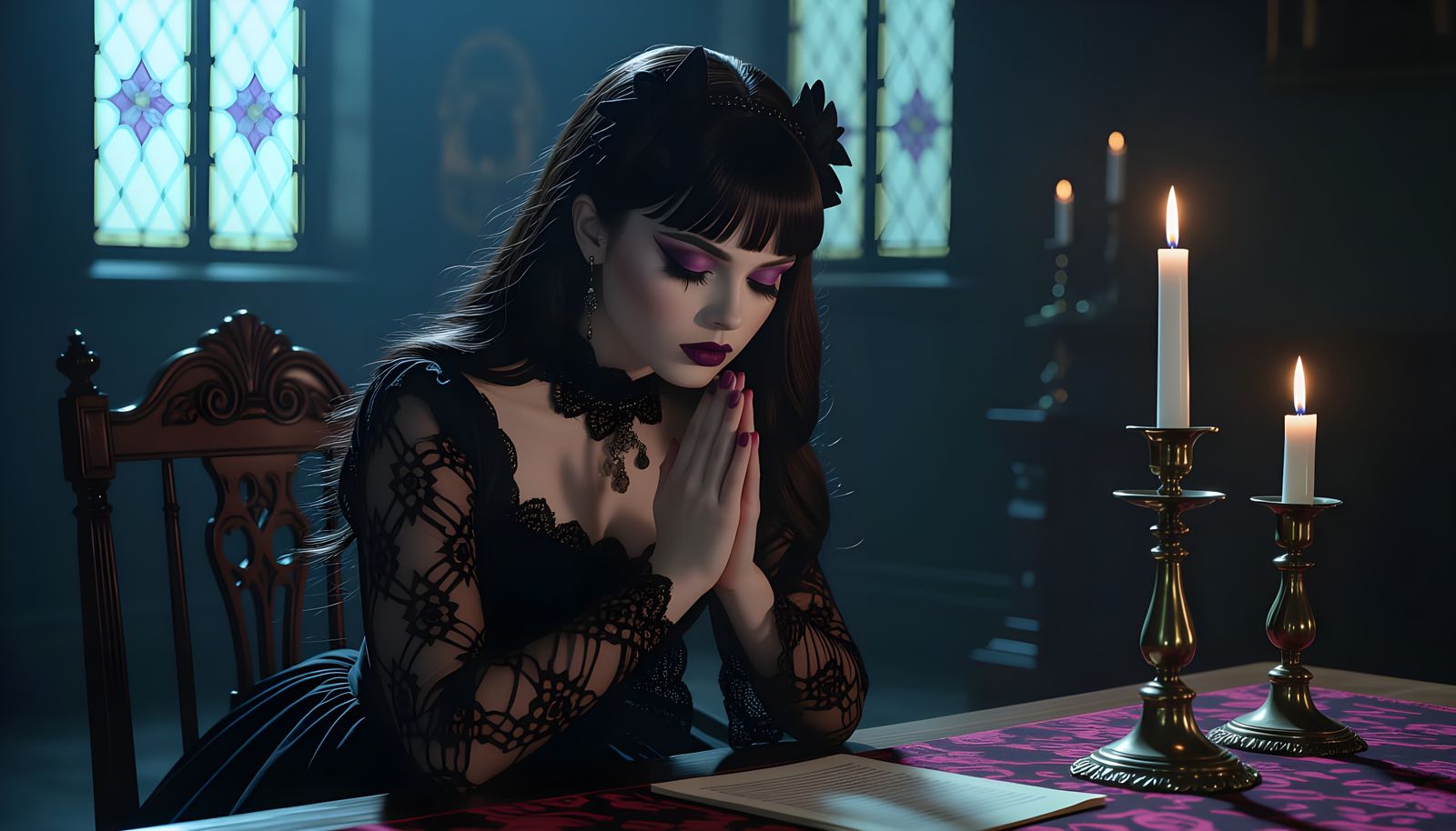 Cute Goth Girl Praying at Altar, Cinematic Style