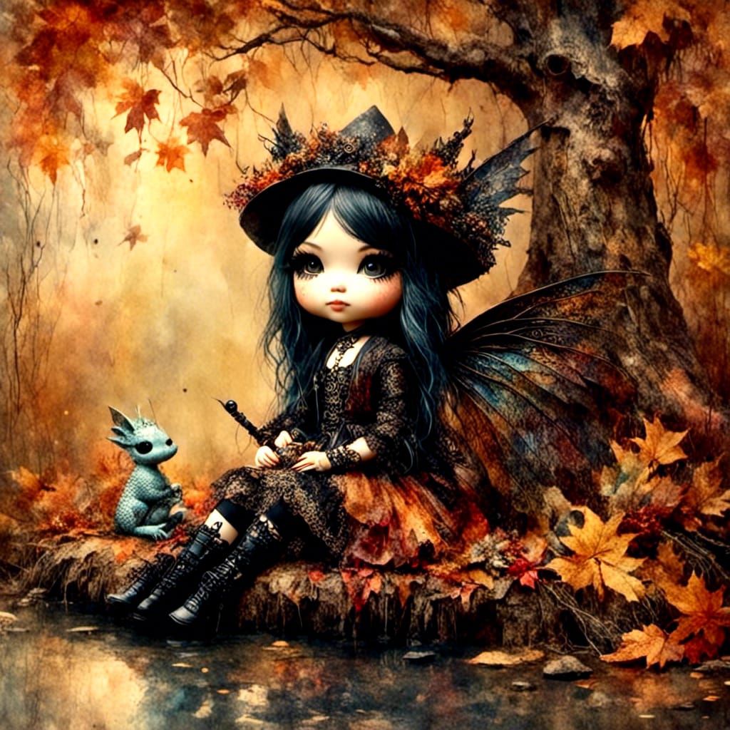 Asian Fairy and Dragon in Antique Watercolor Style