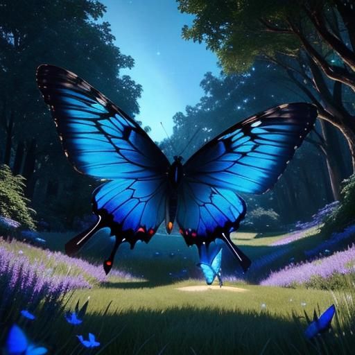 Butterflies Play Tennis in Mystical Meadow at Night