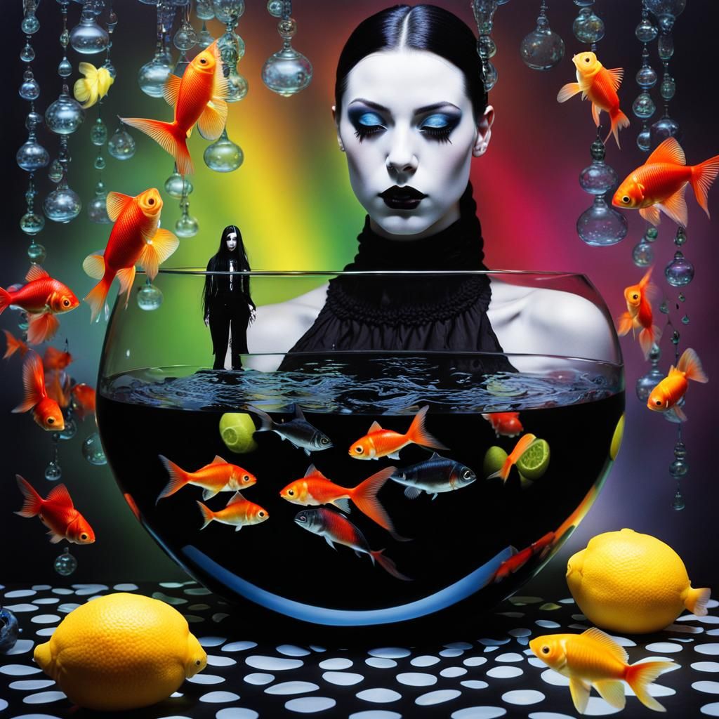 Gothic Woman in Surreal Lemon Fishbowl
