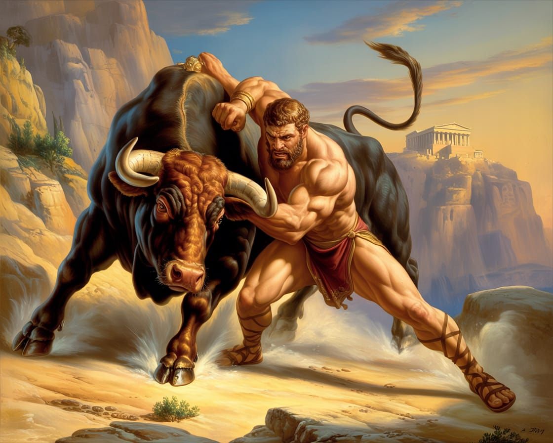 Hercules Subdues the Cretan Bull in Dramatic Painting