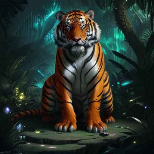 Bioluminescent Tiger in Magical Jungle, Detailed Matte Paint...
