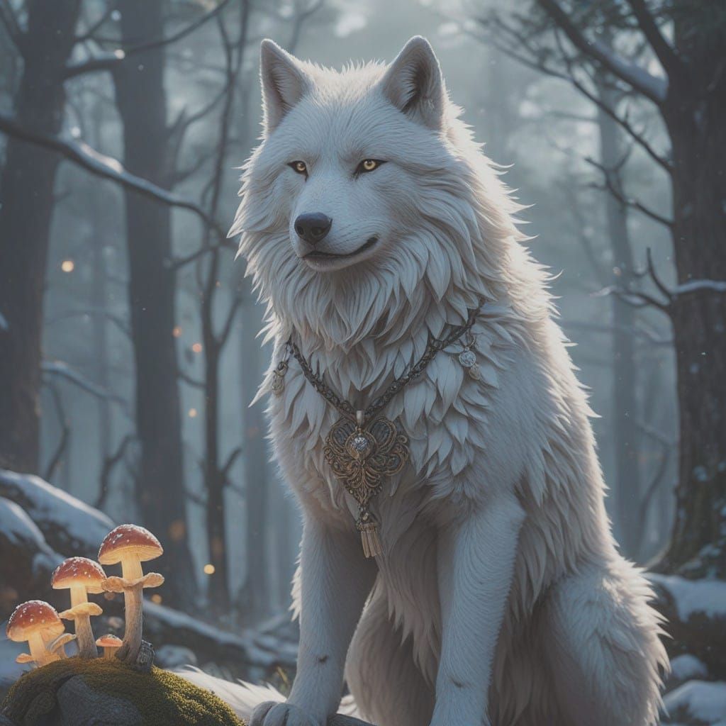 Ethereal White Wolf Roams a Mystical Forest