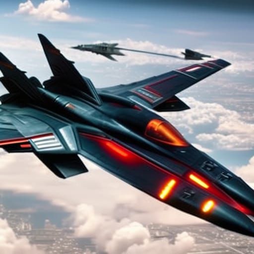 Futuristic Fighter Jet Over Burning City