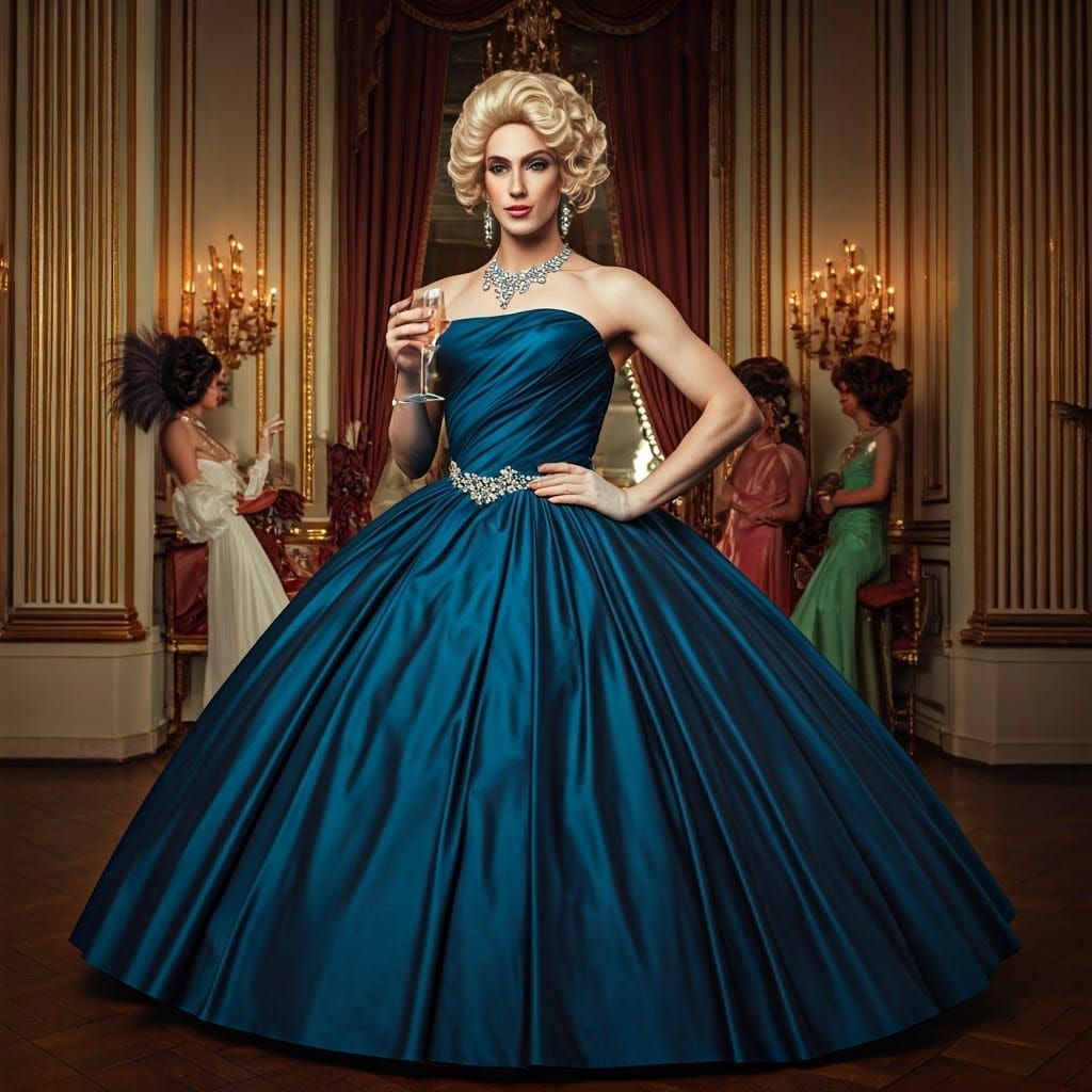 Dapper Gentleman in Lavish Ballgown, Vintage Glamour