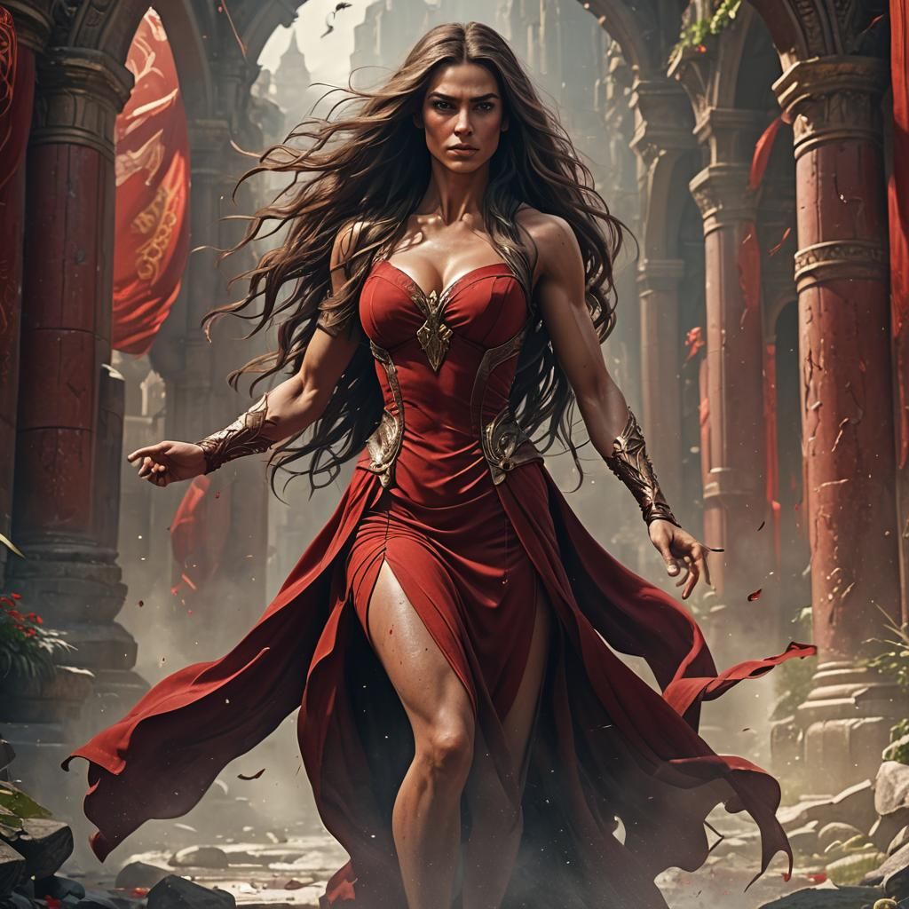 Muscular Woman in Red Dress, Detailed Fantasy Art