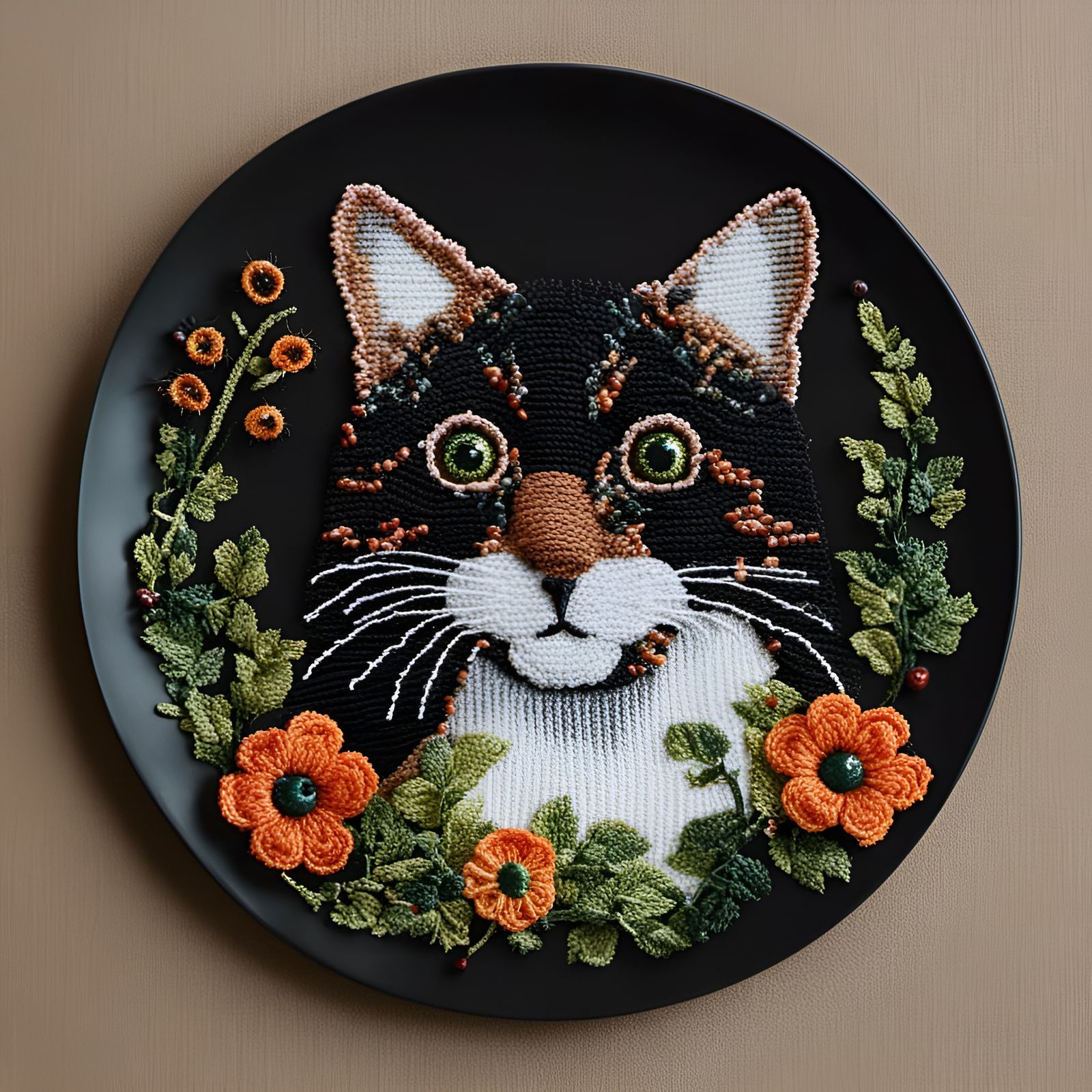 Crocheted Cat on Black Plate, Embroidered Art