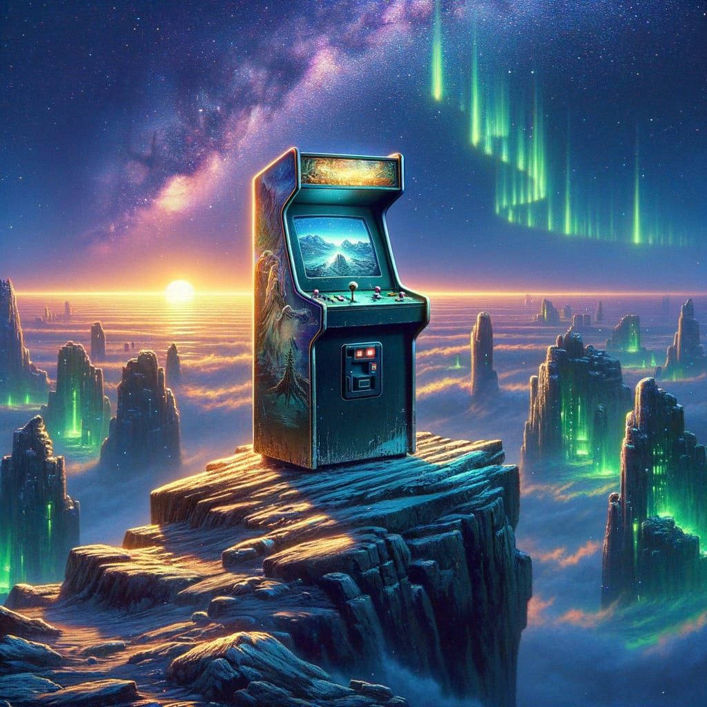 Arcade Machine at Cliff Edge Under Aurora Borealis