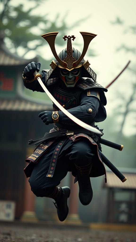 Epic Samurai Warrior in Mandalorian Armor, Leaping into Batt...