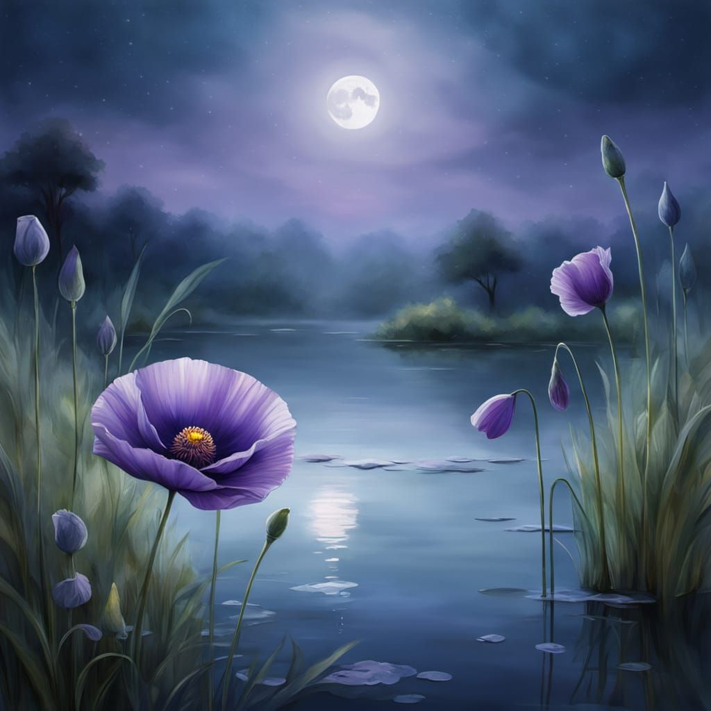Purple Poppy on Moonlit Pond Digital Painting