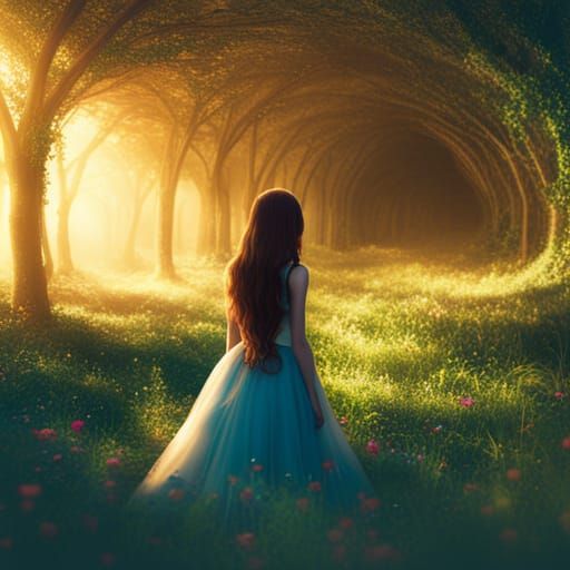 Fairytale Girl in Mysterious Forest Tunnel