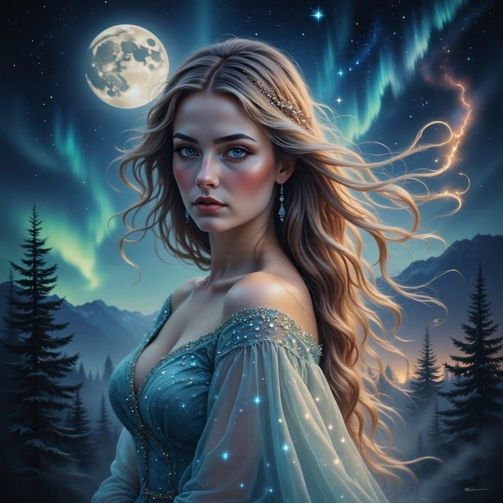Mystical Woman with Aurora Hair