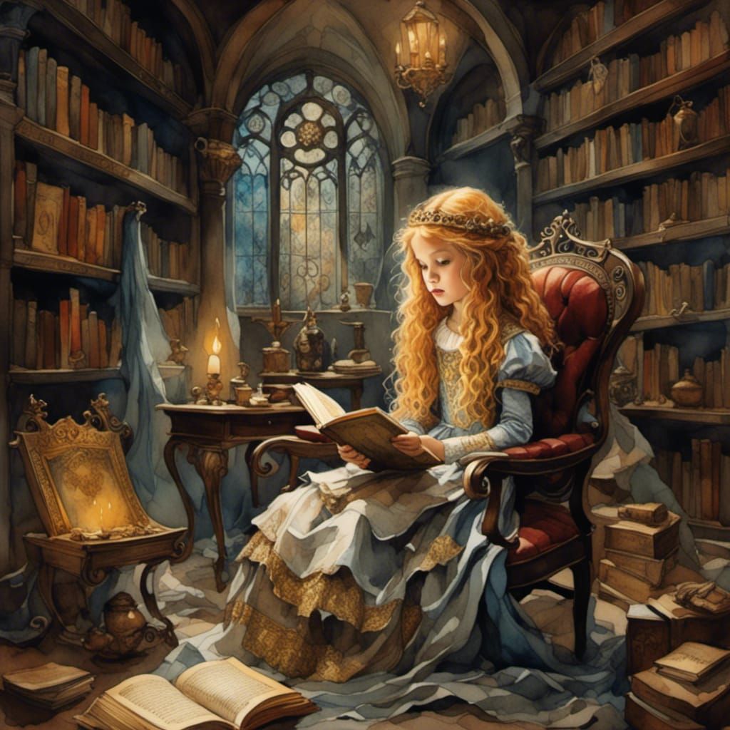 Medieval Girl Reading Magic Book, Fantasy Oil Painting
