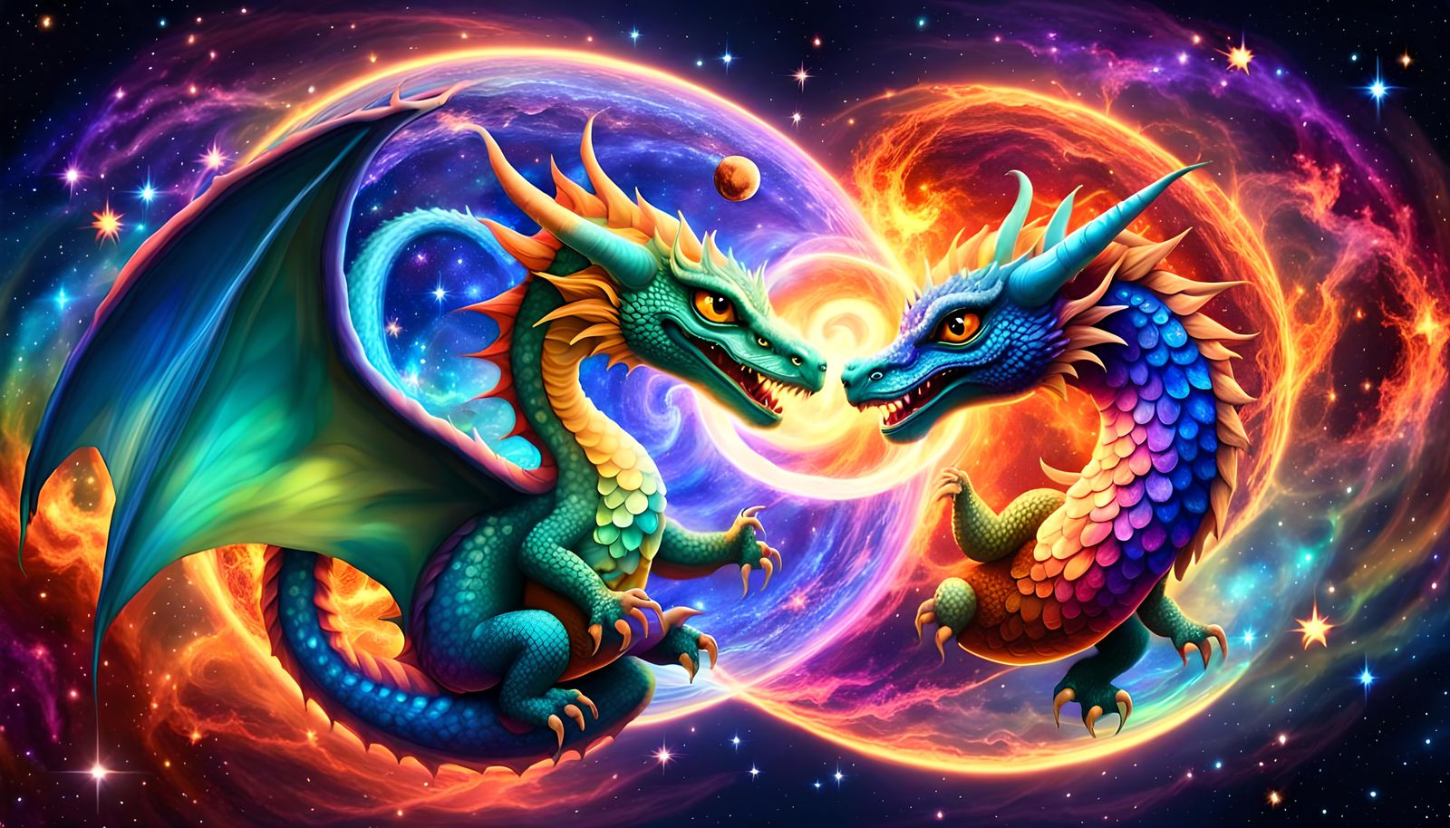 Iridescent Baby Dragon Twins in Cosmic Fire Ring